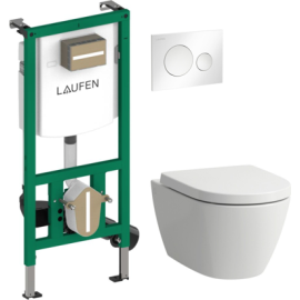 Iebūvējamais Tualetes Pods Laufen Fiora rimless ar SC/QR vāku, rāmi Ineo, Moon balta poga, stiprinājumi, blīve (KK FIORA INEO MOON) | Система инсталляции для подвесного унитаза (комплекты) | prof.lv Viss Online