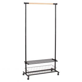 Home4You Clothes Rack FOREST 80x36xH165cm, on wheels, 2 shelves, steel/wood, black/natural (13964) | Clothes racks and hangers | prof.lv Viss Online