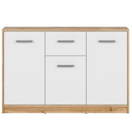 Matos Chest of Drawers, 118.5x34x78.5cm, White, Oak (S414-KOM3D1S-DWO/BI) | Wardrobes, drawers, shelves | prof.lv Viss Online