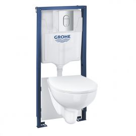 Grohe set - Built-in Toilet Bowl BauCeramic Rimless with Soft Close Seat, frame h=1130 mm, Arena Cosmo chrome flush plate, fittings + seal, 39902000 | Built-in wc frames and buttons | prof.lv Viss Online